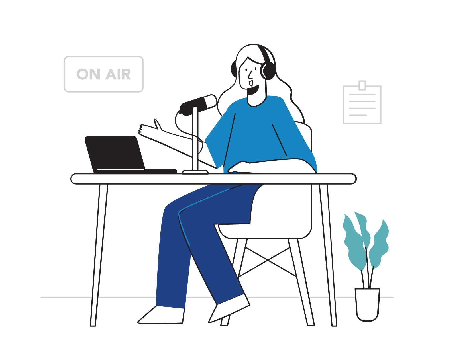 Illustration of a woman speaking into a microphone at a desk with headphones, representing a podcast recording.