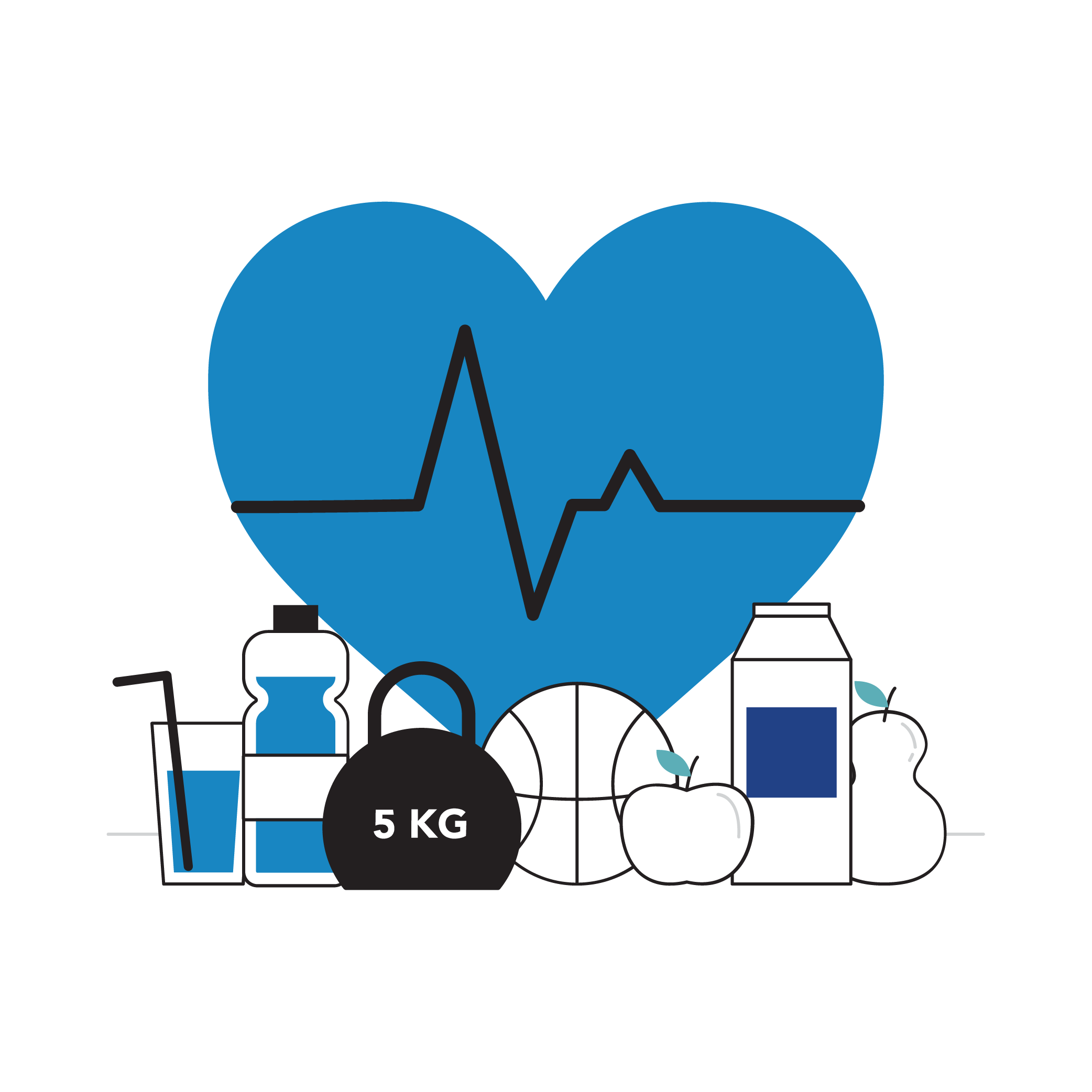 Health and fitness illustration featuring a heart, exercise equipment, basketball, milk, water, and healthy food.
