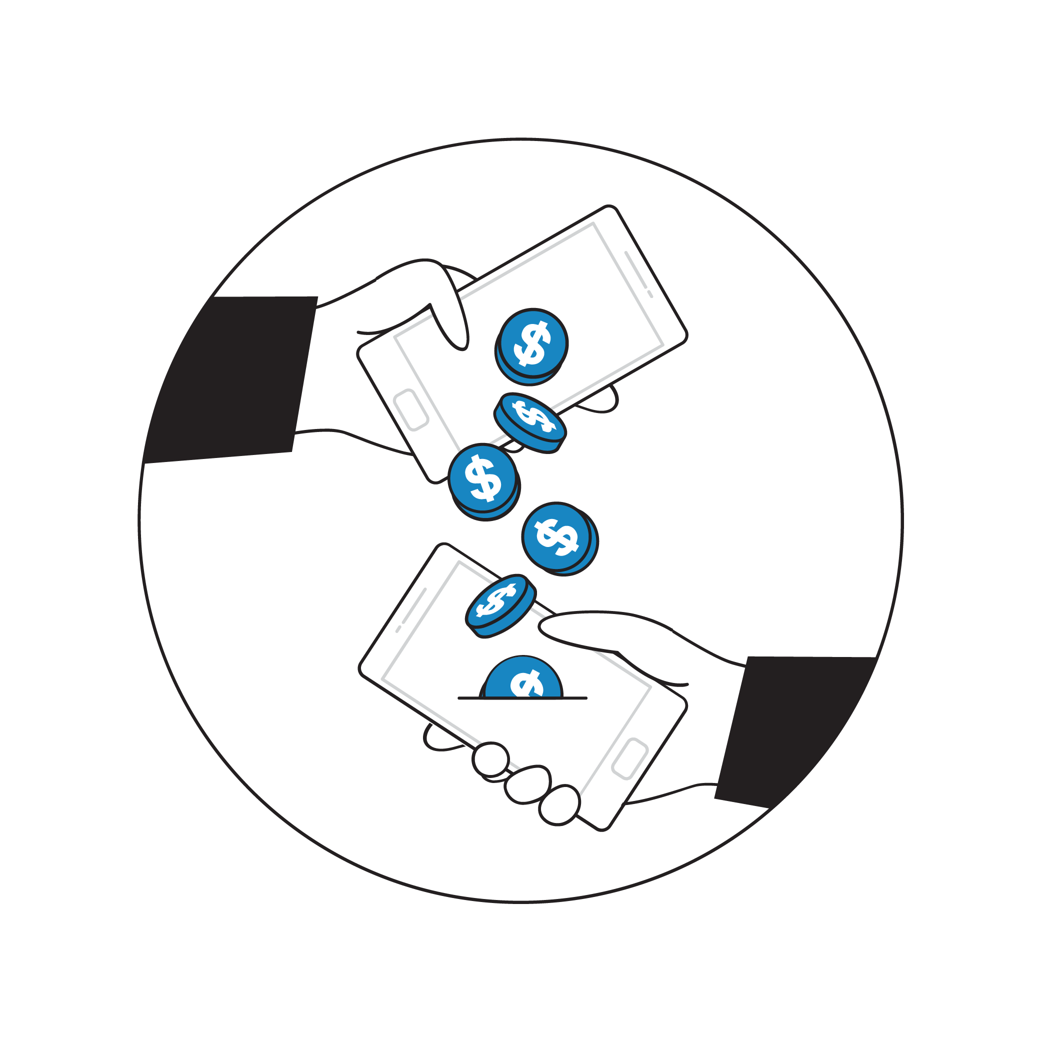 Illustration of hands exchanging money and coins, representing a money transfer.
