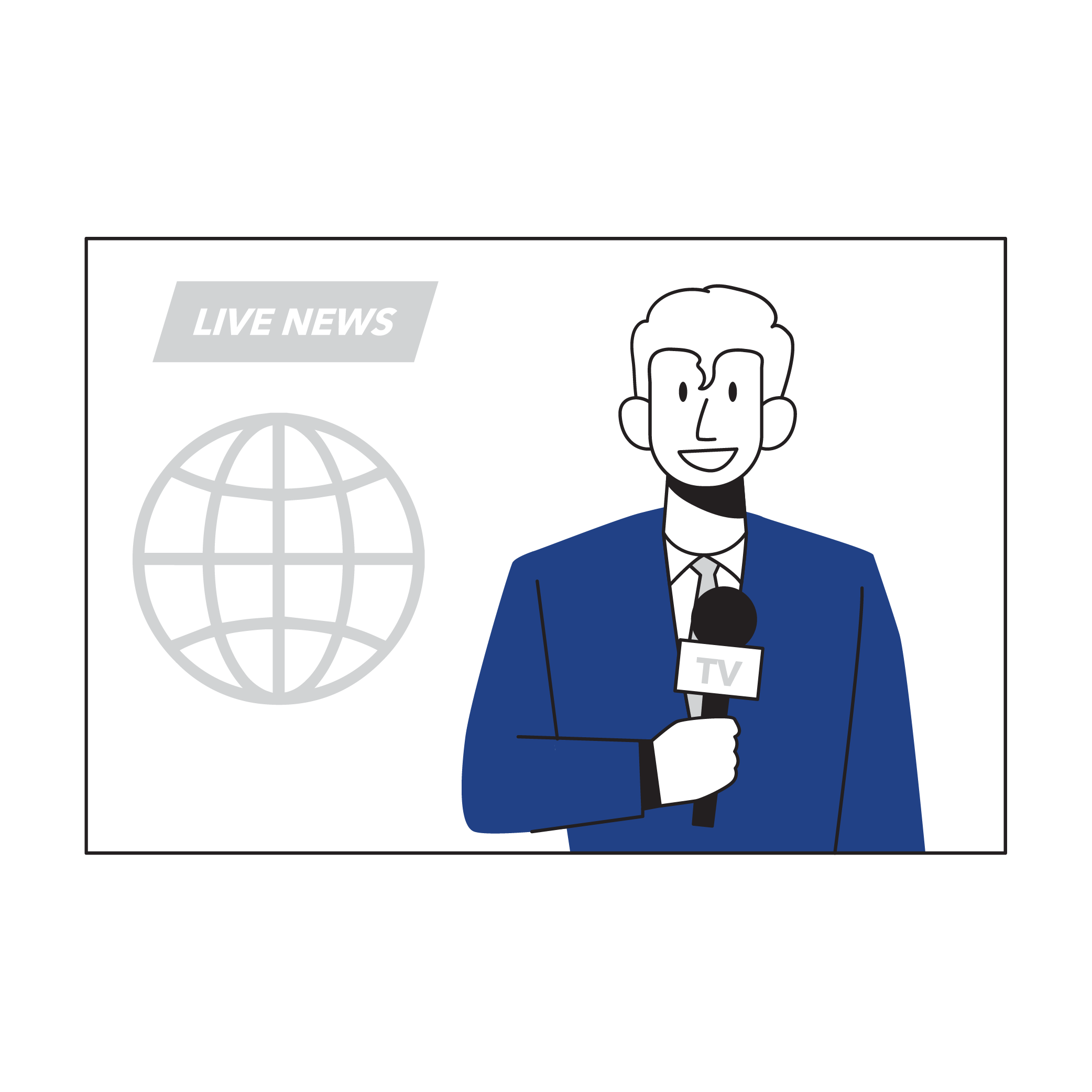 Illustration of a TV news reporter holding a microphone during a live news broadcast.
